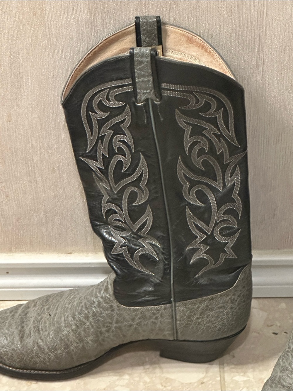 Larry Mahan Gray Elephant Foot with Black Leather Embroidered Shaft Cowboy Boots - Picture 4 of 16